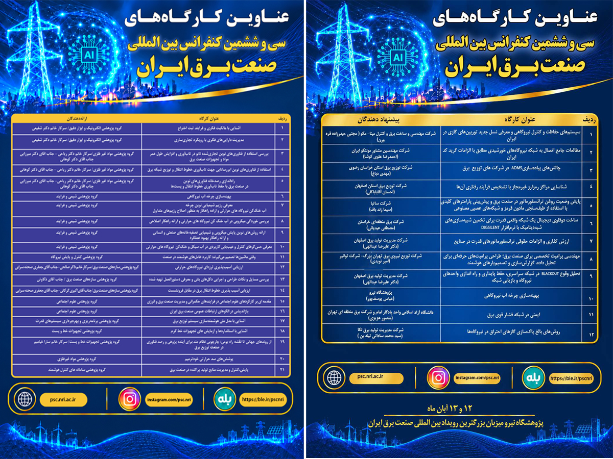 عناوین کارگاه‌های تخصصی سی‌وششمین کنفرانس بین‌المللی صنعت برق ایران